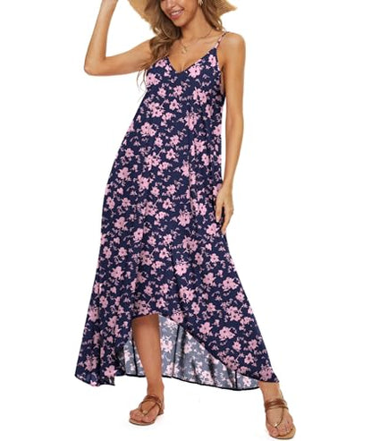 LILBETTER Women V-Neck Polka Dot Print Spaghetti Strap Boho Long Maxi Dresses - color: Navy Blue Pink, size: Medium