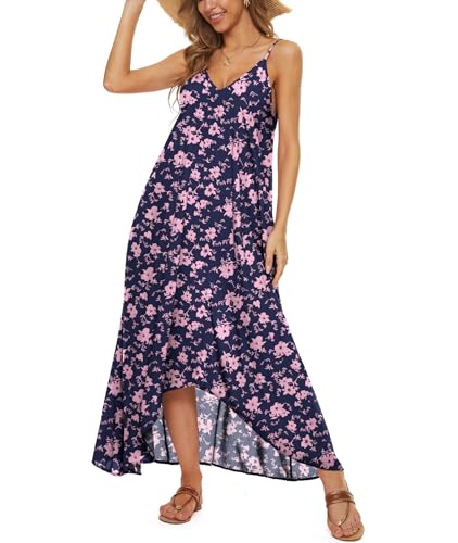 LILBETTER Women V-Neck Polka Dot Print Spaghetti Strap Boho Long Maxi Dresses - color: Navy Blue Pink, size: Large