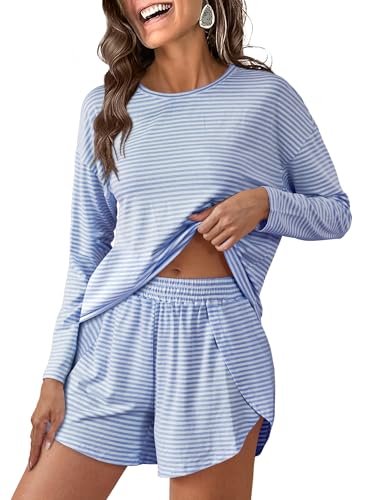 ANRABESS Womens Long Sleeve Striped Pajama 2 Piece Lounge Sets - color: Blue White, size: Medium