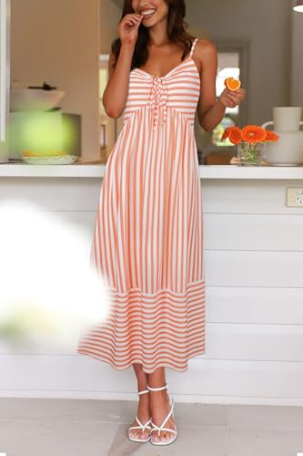 Fashionme 2026 Women Summer Boho Maxi Dresses Vacation Beach with Pockets - color: Orange White, size: X-Large