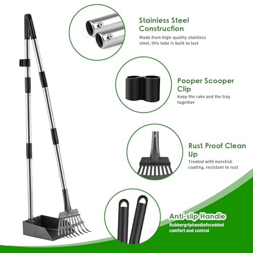 Pooper Scooper, Long Handle Pet Supplies with Stainless Metal Tray and Rake - color: Silver, size: Medium