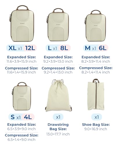 BAGSMART 6 Set Compression Packing Cubes, Travel Luggage Organizer Bags - color: 02-White Opal