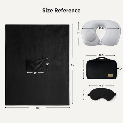 Bedsure Travel Blanket Set with Inflatable Neck Pillow and Eye Mask, Black - color: Black