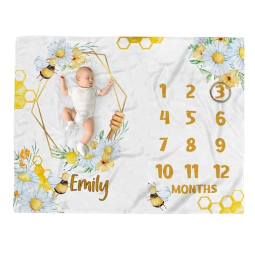 Personalized Honeybee Baby Milestone Blanket, Neutral Baby Age Blanket, Personalized Growth Tracker, Newborn Shower Gift, Bee Theme Monthly Photo Prop - color: Wildflower#4