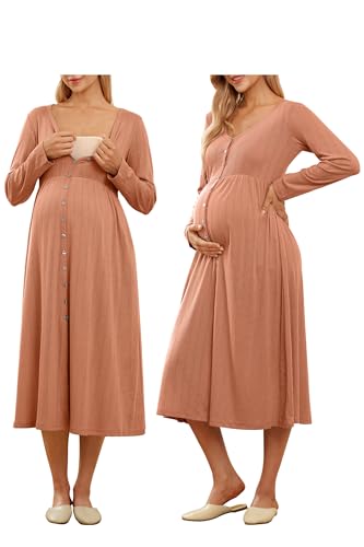 OUGES Cotton Blend Maternity Pajamas Nightgown Button Down Nursing Gown Labor Delivery Breastfeeding Dress with Pockets - color: Brick Red, size: Medium