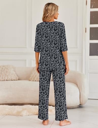 Ekouaer Womens Pajamas Set 2 Piece 3/4 Sleeve Tops Long Pants Pj Set - color: Black Leopard, size: Medium