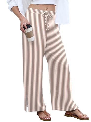 Sampeel Womens Wide Leg Beach Pants Elastic Waist Lightweight Casual Flowy Palazzo Lounge Trousers with Pockets - color: Khaki Stripes, size: Medium