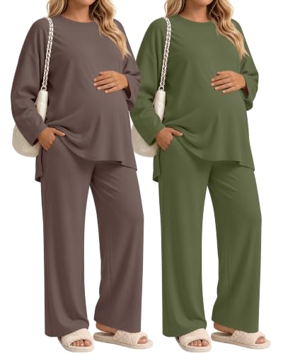 Huukeay 2 Pack Maternity Long Sleeve Pajamas Sets - color: Army Green, Coffee, size: Medium