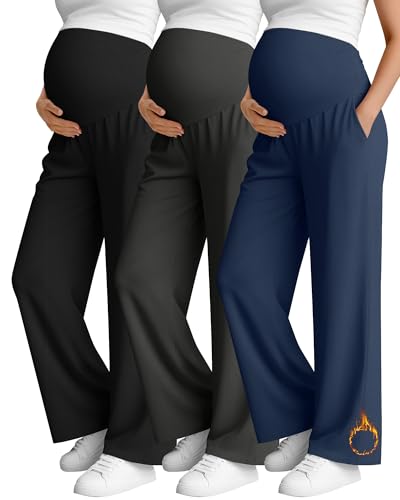Oakgarden 3 Pack Women's Fleece Maternity Pants - color: Haze Blue, Charcoal Gray, Black, size: X-Large
