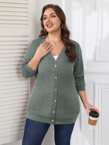 Lastshe Women Plus Size Cardigan Fall Thin Sweaters with Pockets 1X-5X - color: Blue Green, size: 5X
