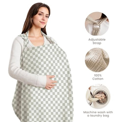 Konssy Muslin Nursing Cover Up for Breastfeeding with Rigid Hoop - color: Green Plaid