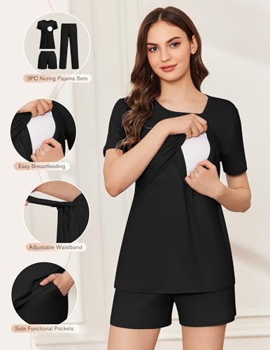 Ekouaer 3 Pack Postpartum Nursing Pajamas Breastfeeding Maternity Clothes - color: Black, size: X-Large