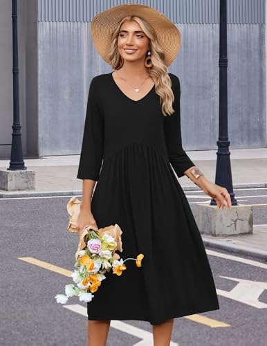 Zeagoo Summer Dresses for Women 2026 3/4 Sleeve Casual Midi Tshirt Dresses - color: 01 Solid Black, size: X-Large