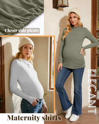 4 Pack Women Maternity Side Ruched Long Sleeve Shirts - color: Gray Green, Brown, White, Black, size: Large