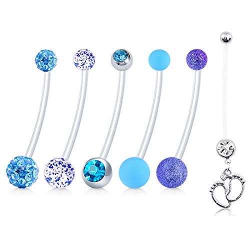 JFORYOU Pregnancy Belly Rings Maternity Navel Rings Flexible Bioplast Long Belly Button Rings Clear Navel Retainer Body Piercing for Daily Wear, Maternity Photoshoot and Beach Swimming - color: 6 Pcs Blue Set