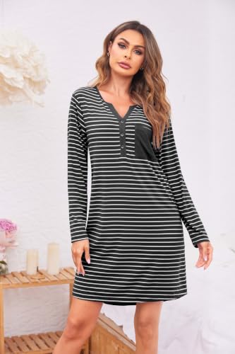 Ekouaer Women's Nightgowns Long Sleeve Button Down V Neck Pajama Dress - color: Black Striped, size: Medium