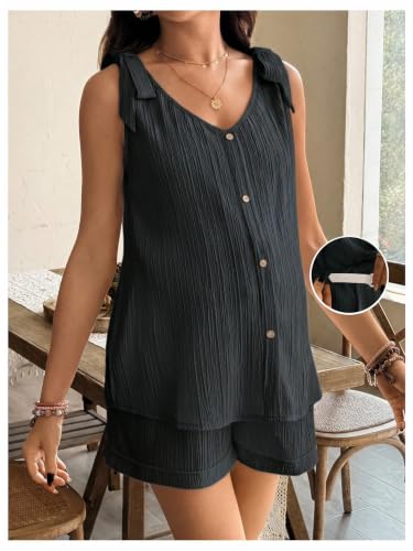 OYOANGLE Women's 2 Piece Maternity Set Textured Tie Shoulder Lounge Outfits - color: Black, size: X-Large
