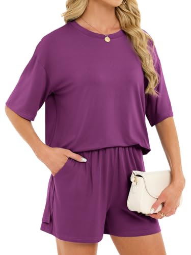 Women's 2 Piece Short Sets Loose Lounge Sets Summer Matching Sets - color: Purple, size: Large