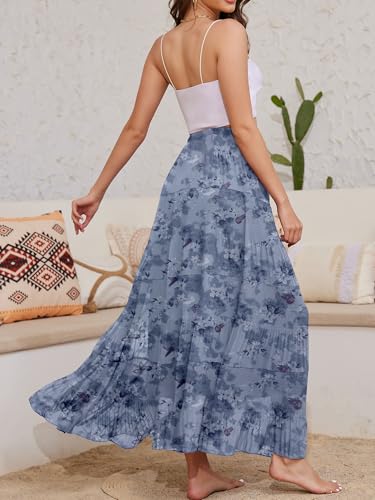 Women's Maxi Skirt with Pockets Casual A Line Pleated Skirt - color: Blue Watercolor, size: Medium