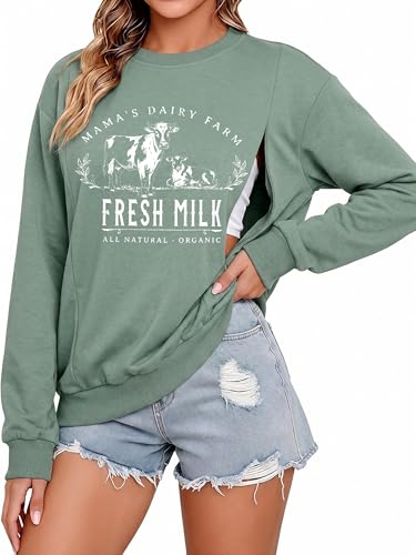 UNIQUEONE Women Nursing Sweatshirts for Breastfeeding - Friendly Zipper Maternity Sweater Long Sleeve Mama Pullover Tops - color: A-green, size: Medium
