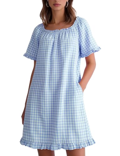 Flygo Womens Gingham Nightgown Cotton Pullover House Dress with Pockets - color: Blue, size: Large