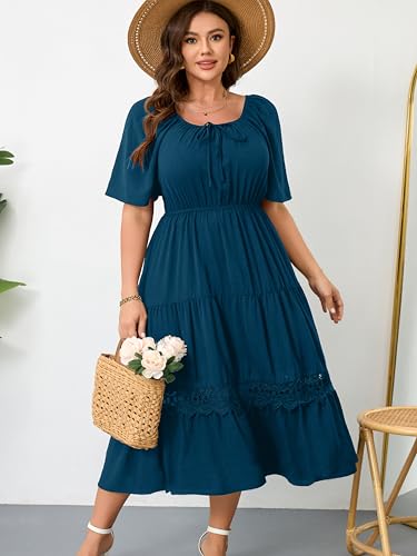 RWJ Women's Plus Size Maxi Dress Short Sleeve Wedding Guest Summer Dresses - color: Lake Blue, size: Large Plus