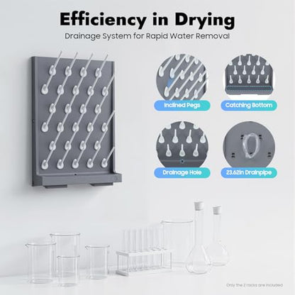 2 Pcs Lab Glassware Drying Rack, 27 Detachable Pegs Wall Mount Glassware Drying Rack, Heavy Duty PP Lab Pegboard for Test Tubes, Beakers, Flasks, Lab Supplies