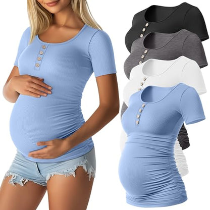 4 Pack Womens Short Sleeve Maternity Shirts - color: Blue, White, Dark Heather Gray, Black, size: XX-Large