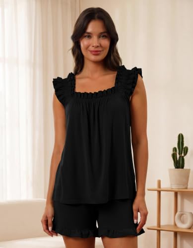 SIMIYA Pajamas for Women Set Ruffle 2 Piece Pj Sets Soft Bridal Sleepwear - color: Black, size: Medium