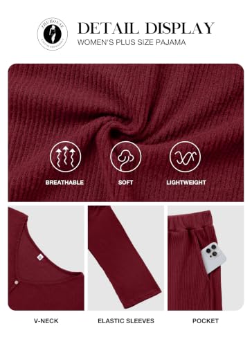 Plus Size Pajama Set for Women Long Sleeve Loose Fit Loungewear - color: Wine Red, size: 5X-Large Plus