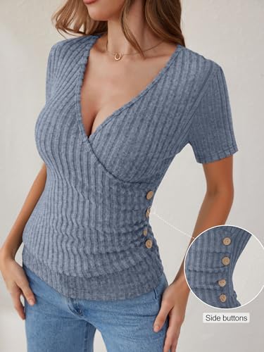 ANRABESS Women Short Sleeve V Neck Shirts - color: Blue, size: Small