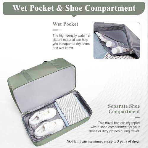 Travel Duffel Bag,Carry-On Overnight Weekender Bags with Shoes Compartment - color: Olive Green, size: Small