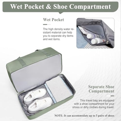Travel Duffel Bag,Carry-On Overnight Weekender Bags with Shoes Compartment - color: Olive Green, size: Small