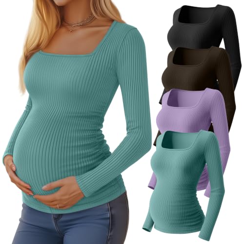 Huukeay 4 Pack Women's Maternity Shirts Ribbed Pregnancy Tops - color: Black, Dark Brown, Purple, size: Medium