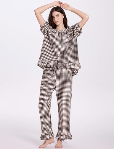 COZYPOIN 100% Cotton Pajamas for Women Set Cute Gingham Lounge Set - color: Coffee, size: X-Small