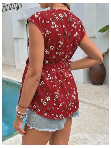 MakeMeChic Women's Maternity Blouse V Neck Cap Sleeve Belted Summer Shirt - color: Burgundy, size: Medium