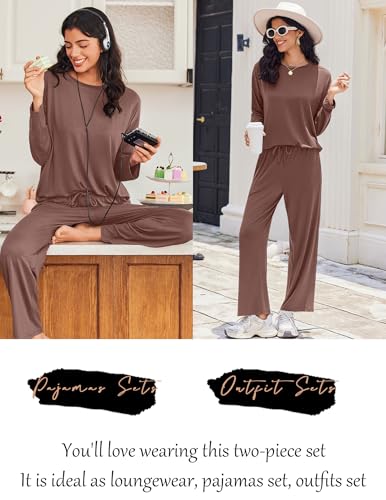Ekouaer Lounge Sets for Women Long Sleeve Pajamas Fall Loungewear - color: Brown, size: Small