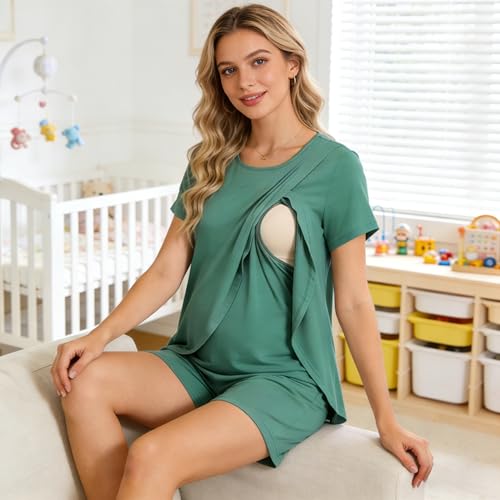 Maternity Nursing 2 Piece Pajama Set Double Layer Breastfeeding Sleepwear - color: A-green, size: X-Large