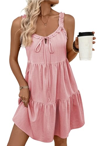 BLENCOT Maternity Dress Sleeveless Tie-Front Ruffle Strap Smocked Tiered Midi Dress with Pockets - color: Pink, size: Large