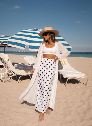 BLENCOT Womens High Waisted Long Mesh Polka Dot Maxi Skirt - color: Dot White, size: Small
