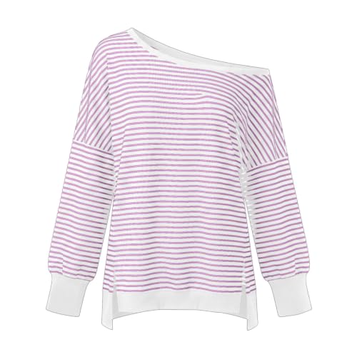 Fall Tops for Women 2026 off Shoulder Striped Top Long Sleeve Pullover Tops - color: Pink, size: Small
