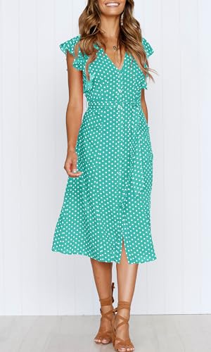 MITILLY Women's Boho Polka Dot Flutter Short Sleeve V Neck Button Down Swing Midi Dress with Pockets - color: 12 Lake Green, size: Small