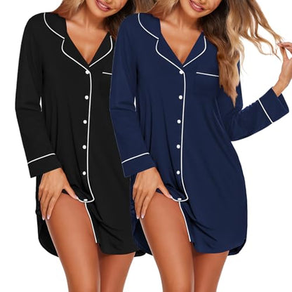 Ekouaer 2 Pack Nightgowns for Women Long Sleeve Button Down Sleep Shirt - color: Black/Navy Blue, size: Medium
