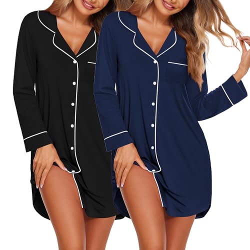 Ekouaer 2 Pack Nightgowns for Women Long Sleeve Button Down Sleep Shirt - color: Black/Navy Blue, size: Small