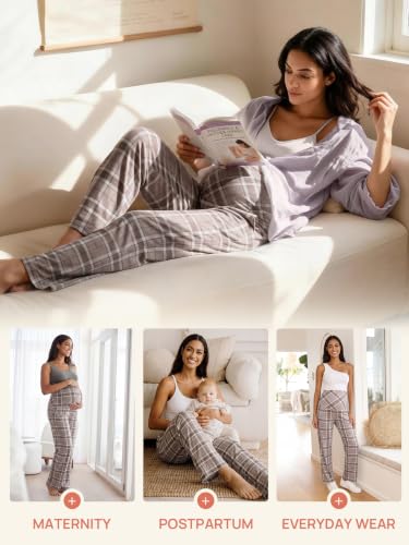 Summer Mae Viscose Maternity Pants Pregnancy Pajama Lounge Pant with Pocket - color: Grey Plaid, size: Medium