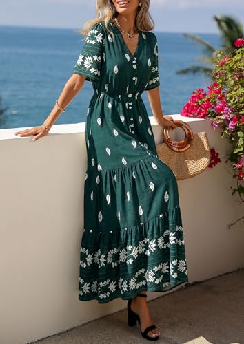 PRETTYGARDEN Womens Short Sleeve Boho Maxi Dress - color: Peacock Blue, size: Small