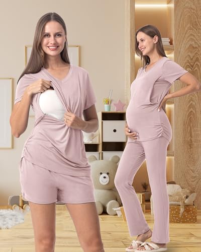 Rnxrbb 3 Piece Maternity Nursing Pajamas Set for Women Postpartum Pjs - color: Dusty Pink, size: X-Large