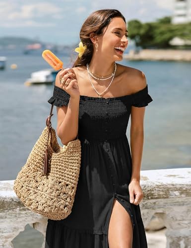 Women Summer Casual Midi Dress Square Neck Button Down Smocked Ruffle Strap Flowy Split Beach Sundress Pockets - color: Black, size: Small
