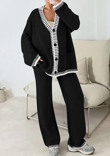 PRETTYGARDEN Women's Fall 2 Piece Knit Sweater Lounge Set - color: Black, size: Small