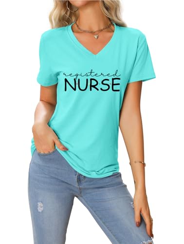 Registered Nurse Shirt Women Cute Nurse Tshirt Nursing Work - color: Blue, size: Large